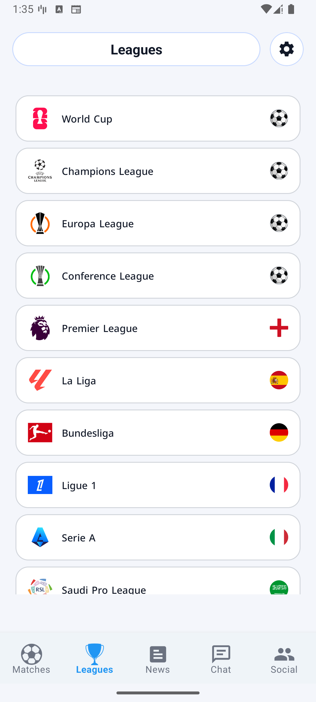 League or player screen